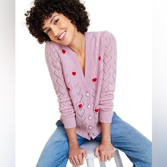 Charter Club Sweaters - NWT Charter Club 💯% Cashmere Heart Pointelle Button Cardigan - Pink Sz. Med.